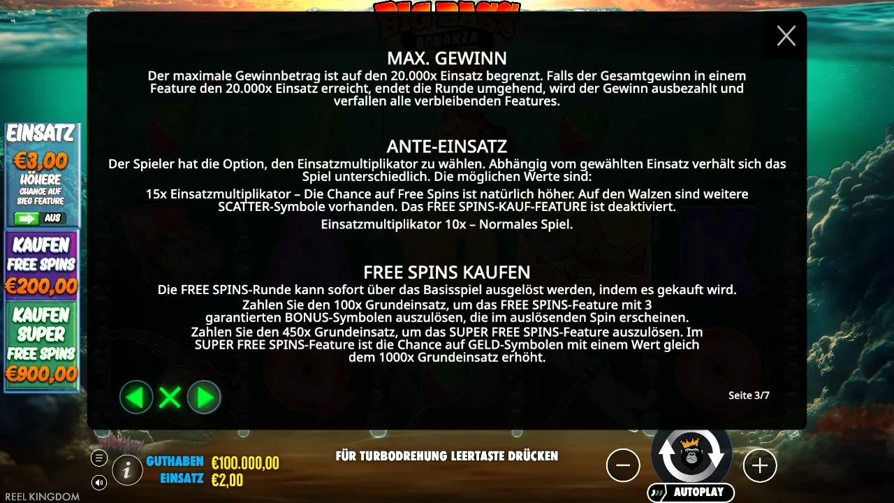 Spielregeln von Big Bass Bonanza 1000: Höchstgewinn 20.000x, Ante-Einsatz und Kauf für 100x und 450x