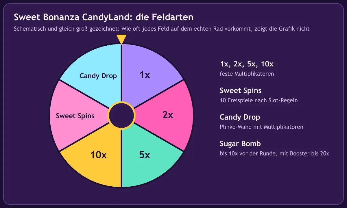 Schema des CandyLand-Rads mit den Feldern 1x, 2x, 5x, 10x, Sweet Spins und Candy Drop