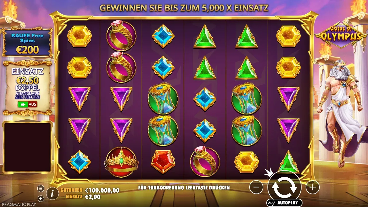 Gates of Olympus in der deutschen Demo mit Kaufknopf, Ante Bet und Zeus neben dem 6x5-Raster