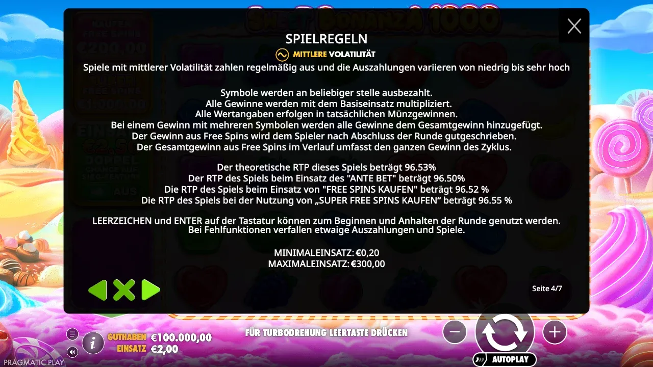 Spielregeln von Sweet Bonanza 1000: mittlere Volatilität, RTP 96,53 %, mit Ante Bet 96,50 %, Kauf 96,52 % und 96,55 %