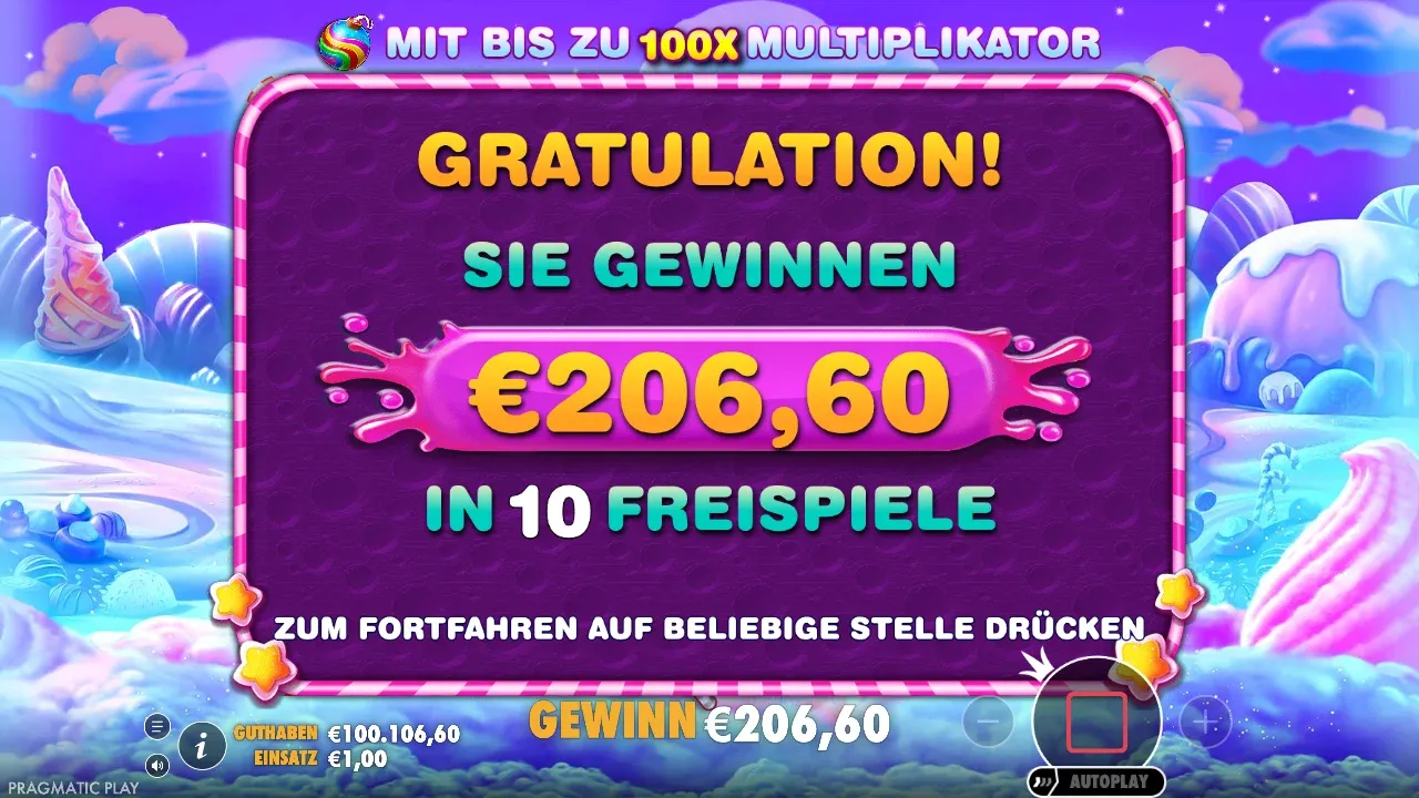 Sweet Bonanza Demo: Gratulation, Sie gewinnen 206,60 € in 10 Freispielen