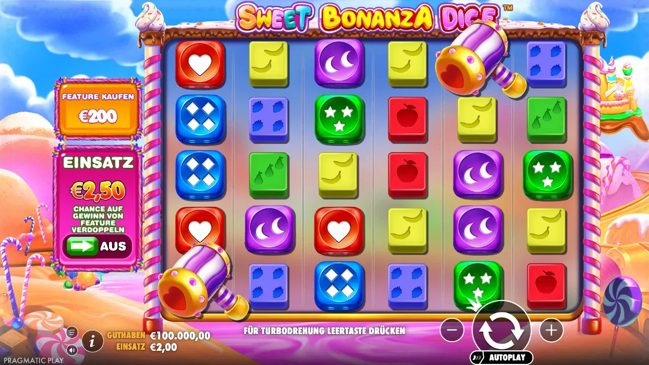 Sweet Bonanza Dice in der deutschen Demo mit Würfeln statt Früchten