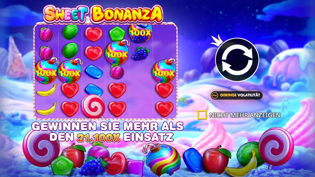 Intro der Sweet Bonanza Demo auf Deutsch: Gewinnen Sie mehr als den 21.100x Einsatz