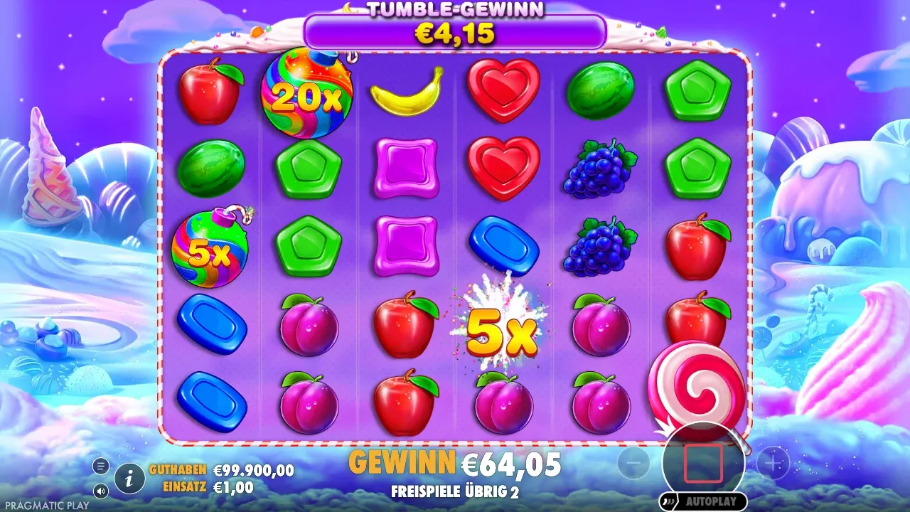 Sweet Bonanza Freispiele mit drei Multiplikator-Bomben 20x, 5x und 5x