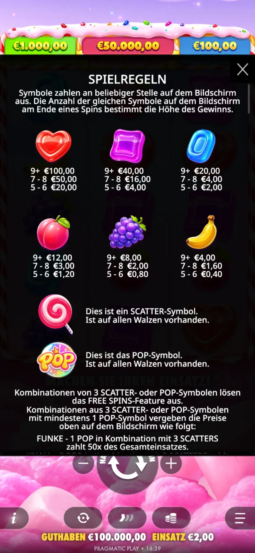 Spielregeln von Sweet Bonanza POP mit der Auszahlungstabelle und den Preisen Knall, Explosion und Funke über dem Raster