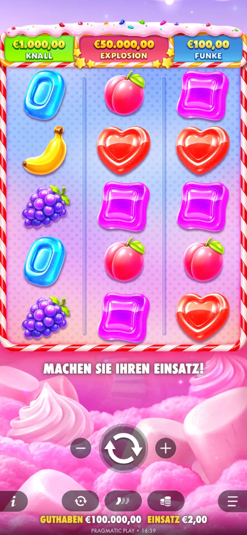 Sweet Bonanza POP im Hochformat mit 3x5-Raster und den Preisen Knall, Explosion und Funke