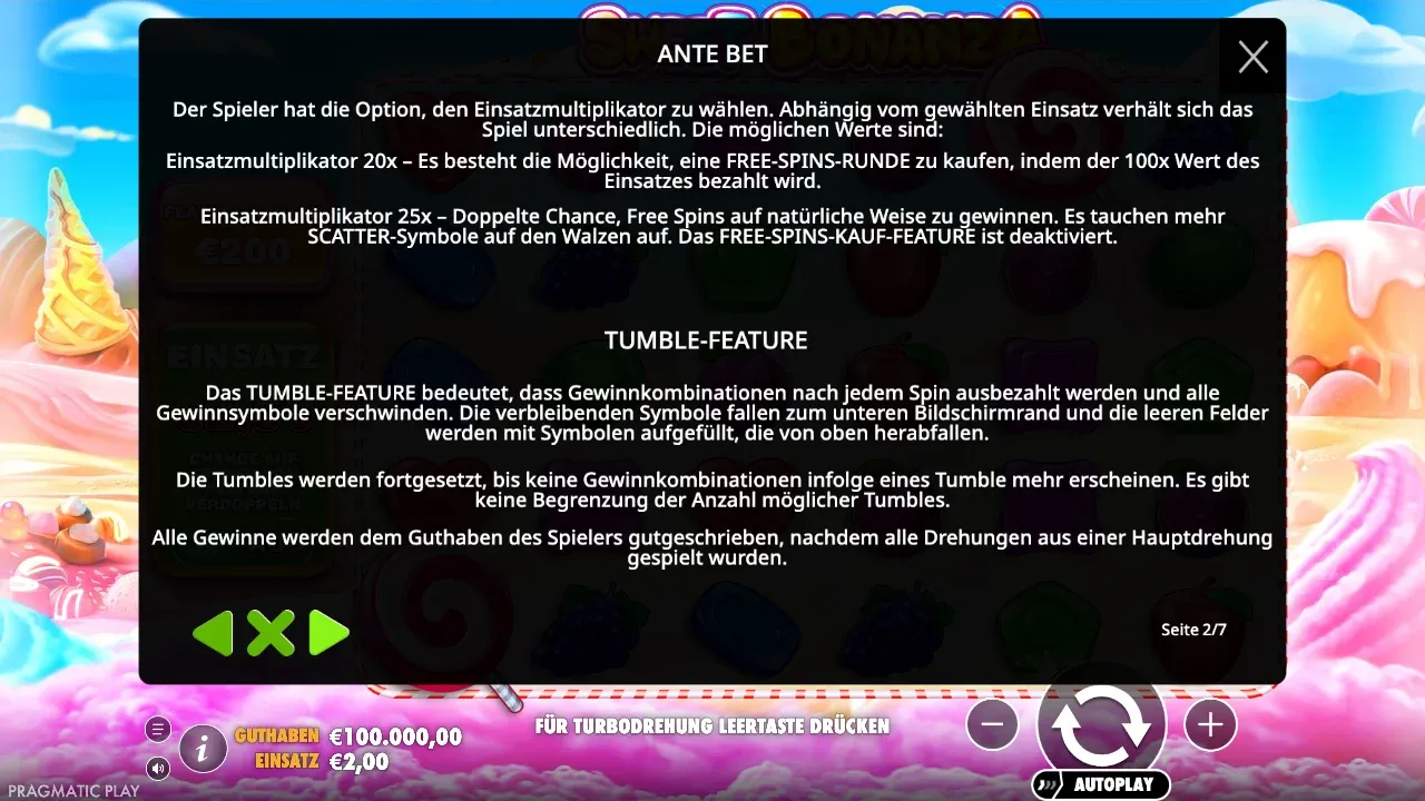 Spielregeln von Sweet Bonanza: Ante Bet mit Einsatzmultiplikator 20x und 25x und das Tumble-Feature