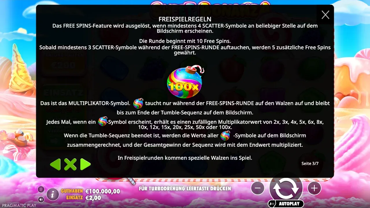 Freispielregeln von Sweet Bonanza in der deutschen Demo mit Multiplikator-Bombe 100x