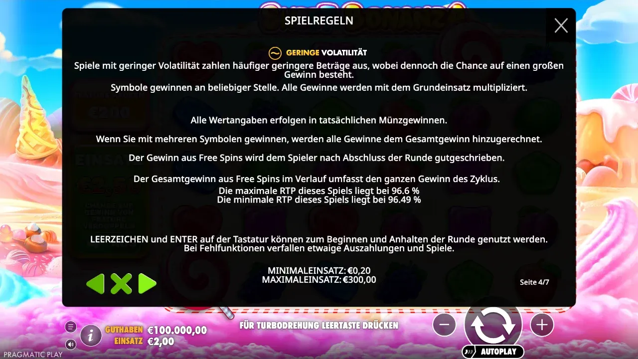 Spielregeln von Sweet Bonanza: geringe Volatilität, maximale RTP 96,6 Prozent, minimale RTP 96,49 Prozent