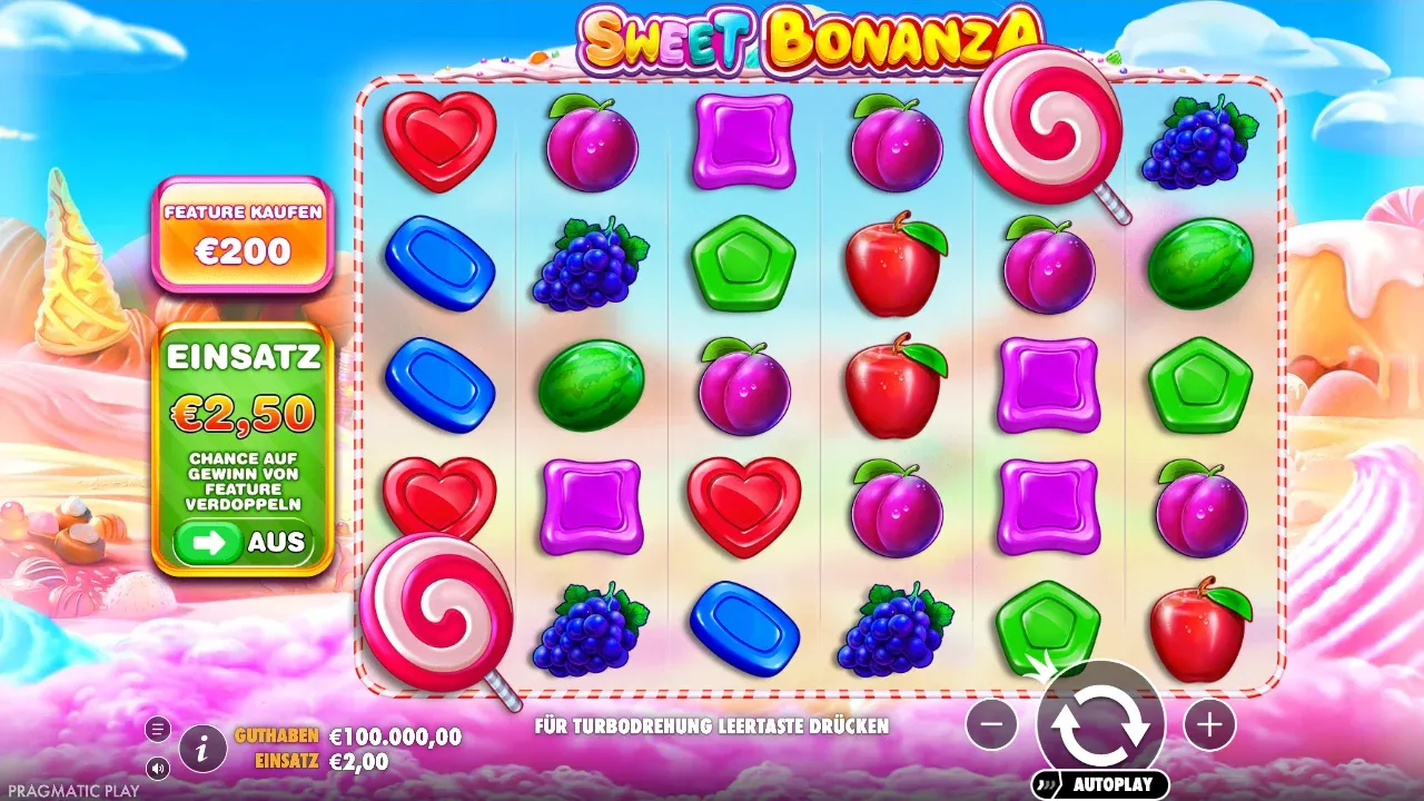 Sweet Bonanza in der deutschen Demo: 6x5-Raster mit Bonbons und Früchten, links Feature kaufen und Ante Bet