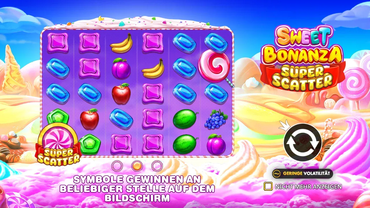 Intro der Sweet Bonanza Super Scatter Demo mit dem goldenen Super-Scatter-Symbol unten links im Raster