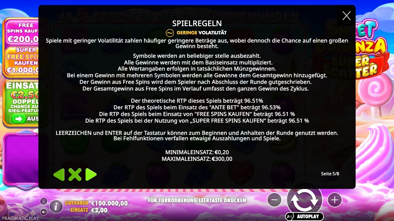 Spielregeln von Sweet Bonanza Super Scatter: geringe Volatilität, RTP 96,51 %, mit Ante Bet 96,53 %