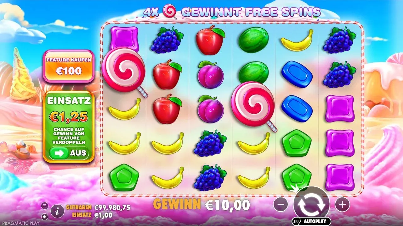 Sweet Bonanza nach Spin 58 des Tests: Gewinn 10,00 Euro bei 1 Euro Einsatz